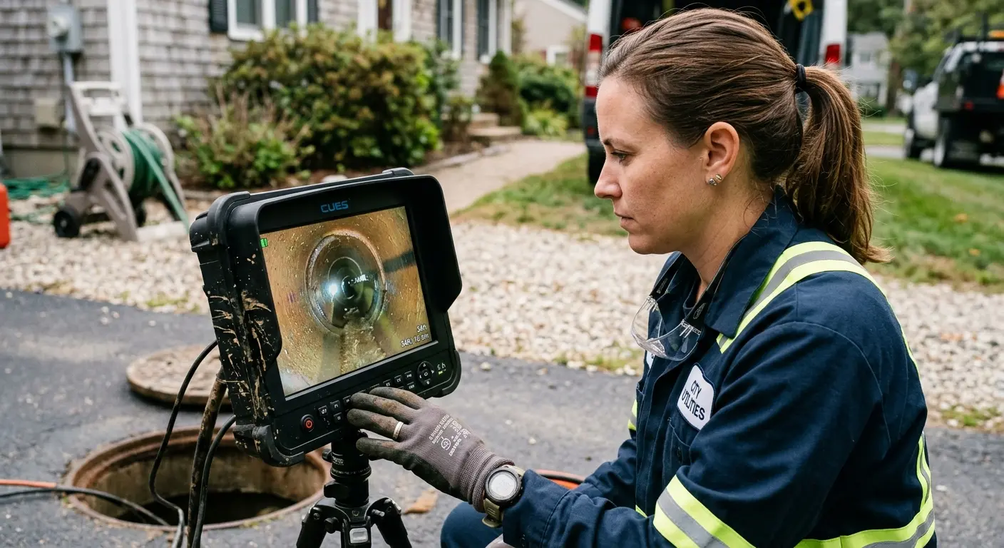 Technician reviewing sewer camera inspection footage in The Colony