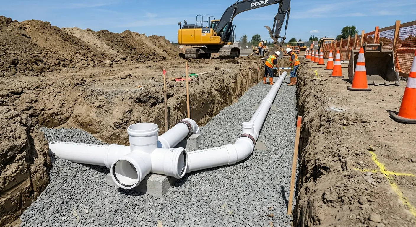 New PVC sewer pipe installation in open trench for Commercial Drain Cleaning in The Colony