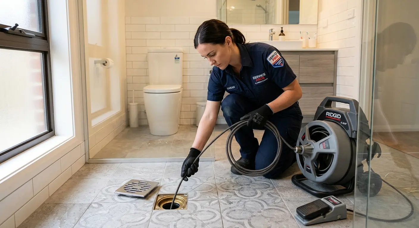 Technician clearing a bathroom floor drain for Clogged Drain Repair in The Colony